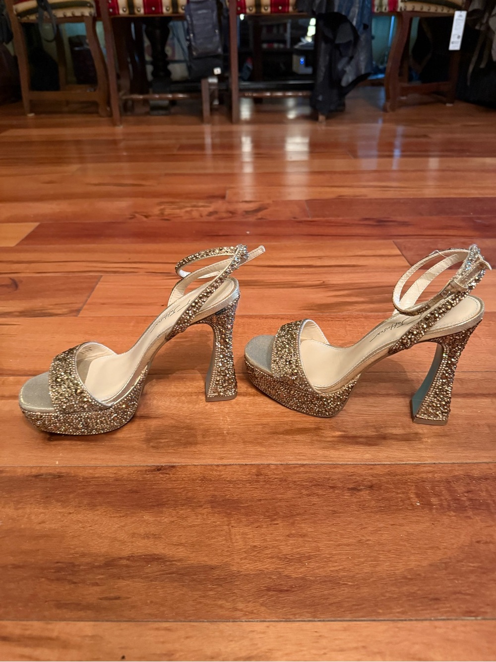 Betsey Johnson Gold Glitter Platform Ankle-Strap Heels